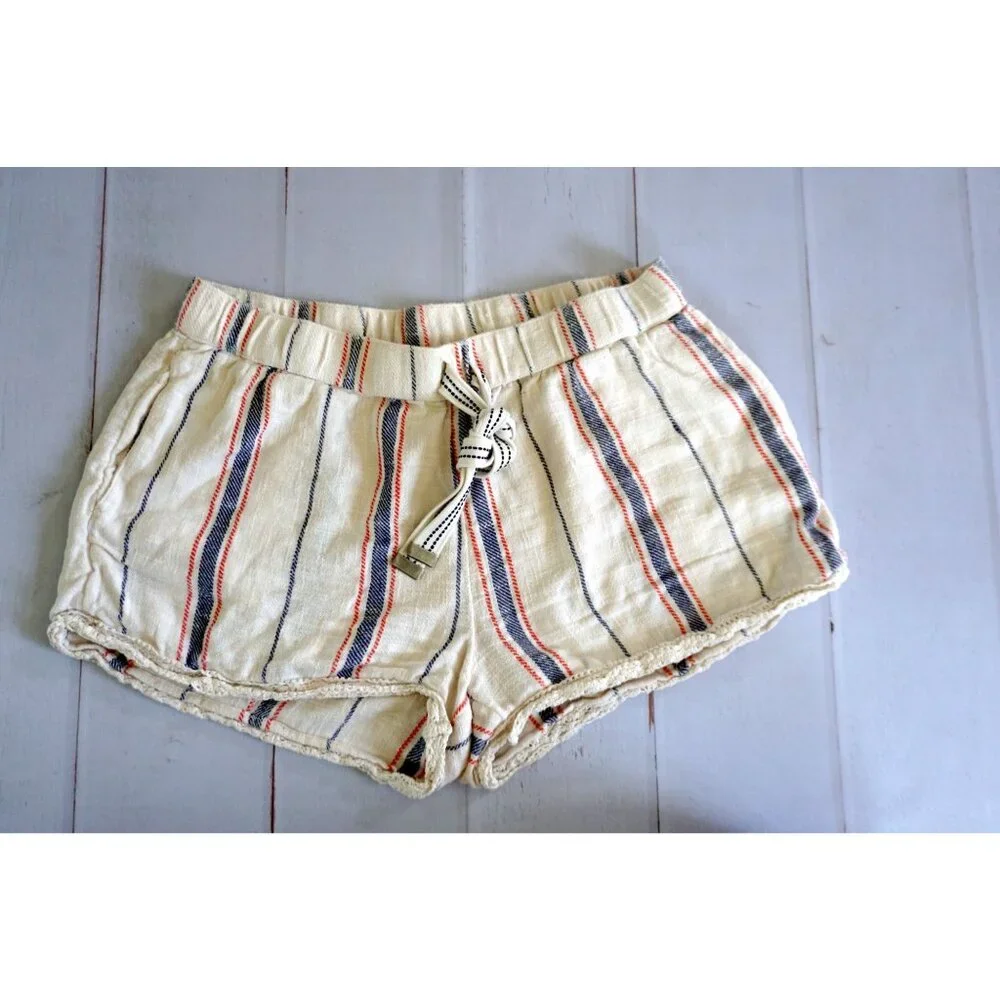 Aerie Striped Cotton Blend Shorts With Crochet Trim - Size M - Picture 2 of 7
